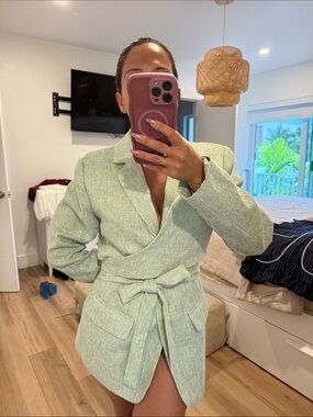 Self-Tie Blazer Dress Robe in Mint Green